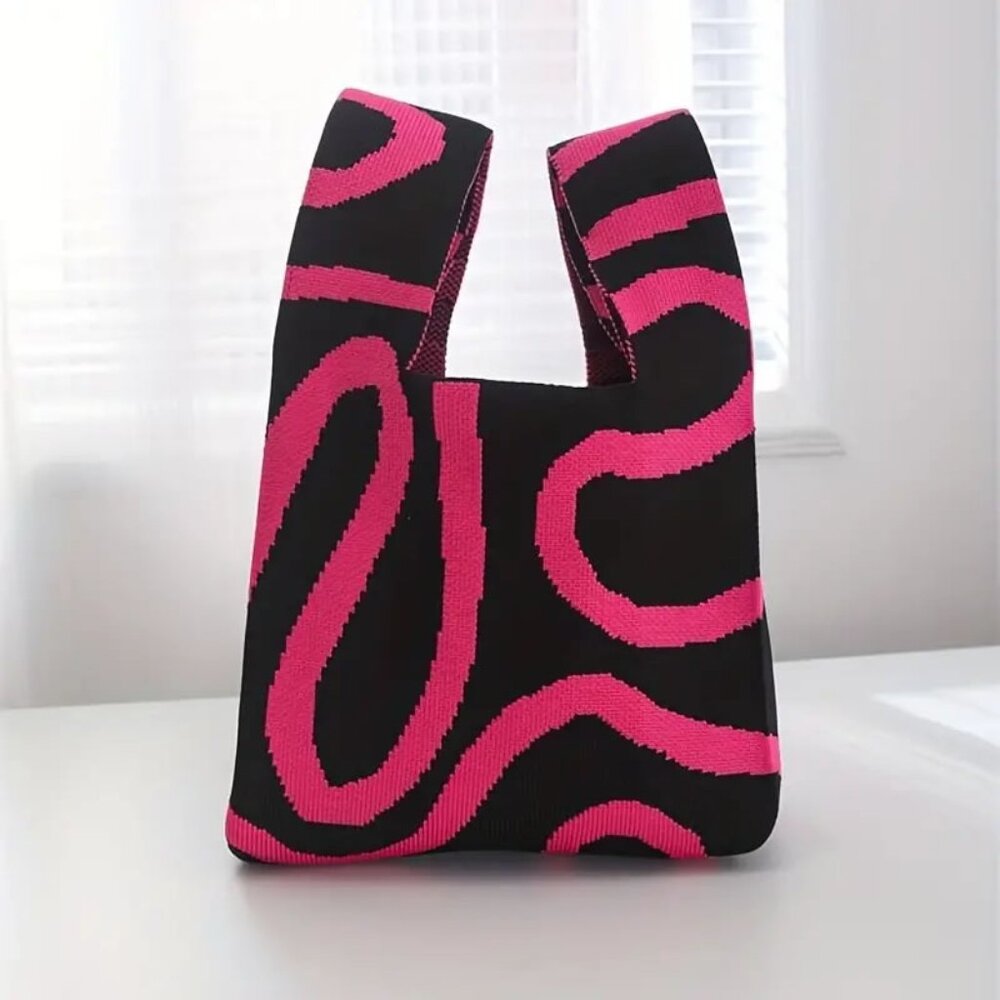 Pink and Black Small Knit Tote Bag